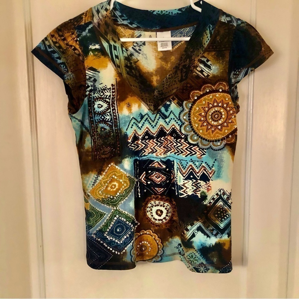 Forbidden Tee brown blue Princess shoulder cap sleeve sparkles beads size Large